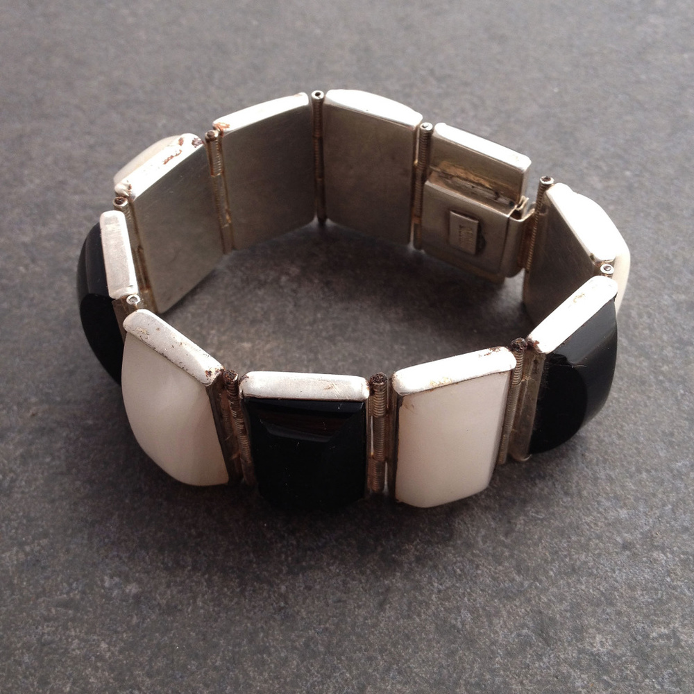 Vintage 40's Sterling & Oynx Panel Bracelet